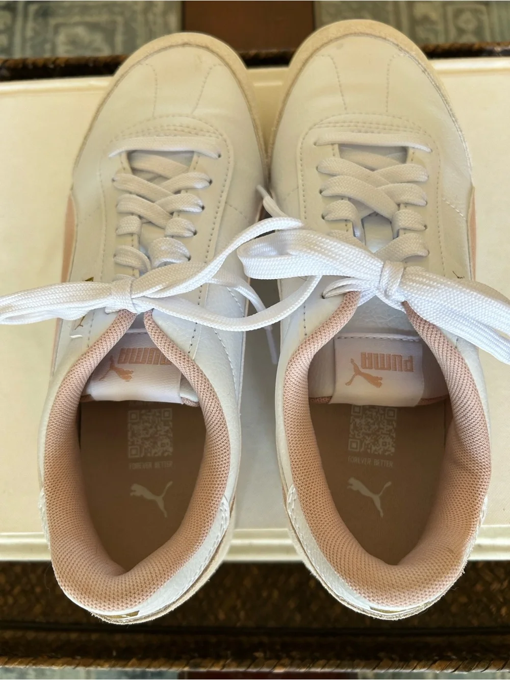Puma Women's White Sneakers with Blush Pink Stripe